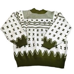 Vintage 80s Clifton Place Olive Green Graphic Knit Sweater Made USA mens Large